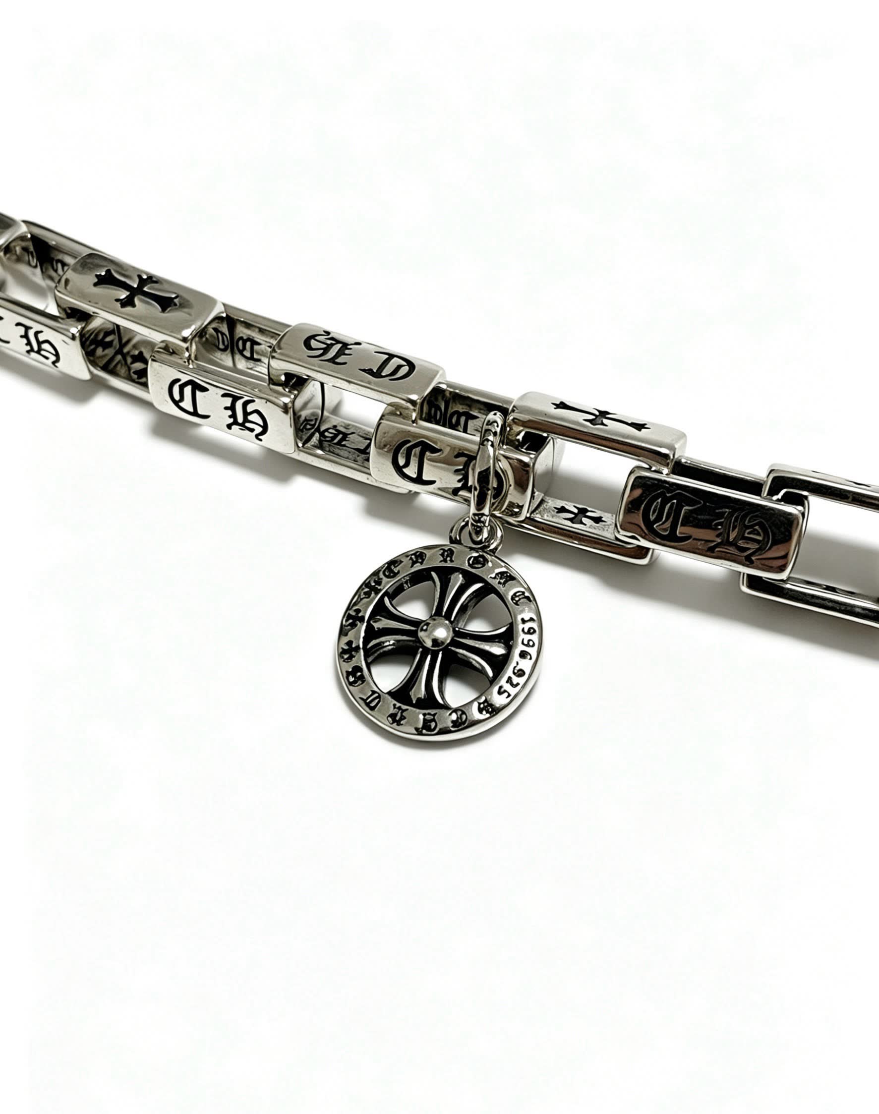Chrome Hearts Silver Bracelet with Crosses and Wheel Charm